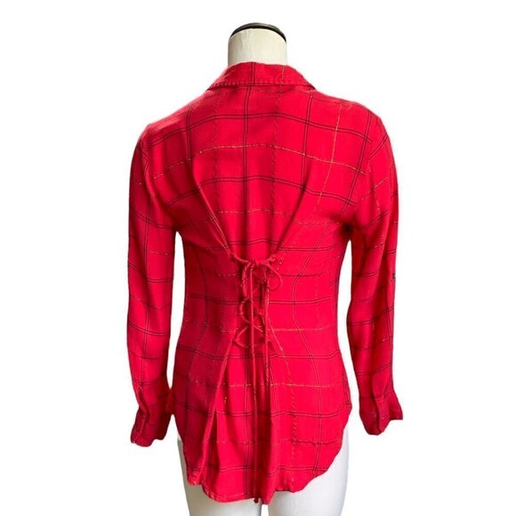 Lord & Taylor Red Plaid Button Up Flannel Top Adjustable Lace-up Back Sz S #55G - Picture 5 of 7
